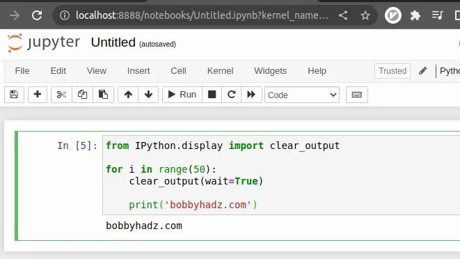 Screenshot of a Python script that repeatedly clears the output and then prints bobbyhadz.com.