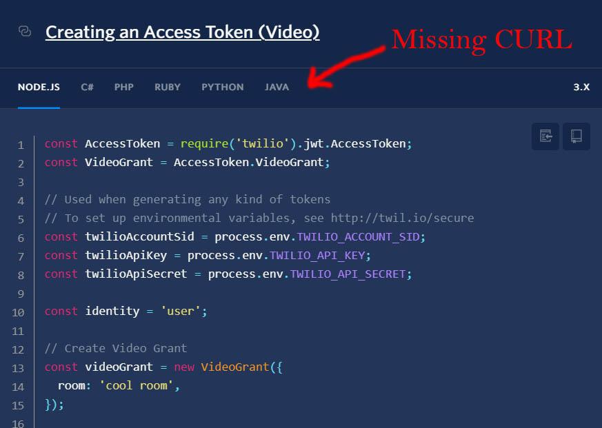 The image shows a code snippet in Node.js that demonstrates how to create an Access Token for a Twilio Video session.