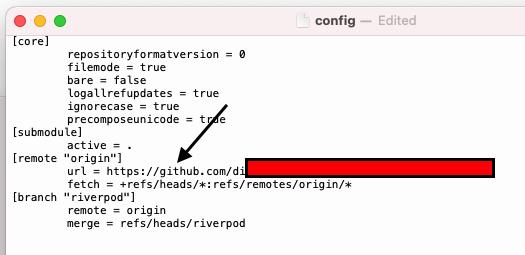 The image shows a redacted portion of a git configuration file.