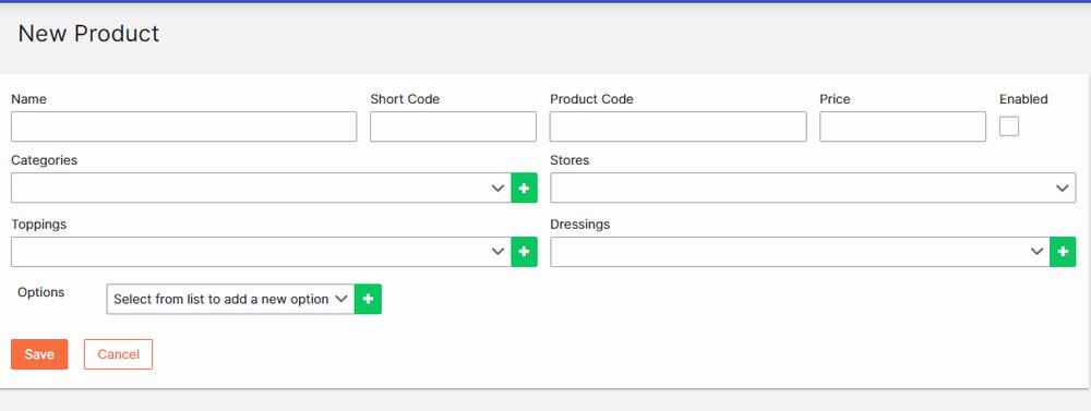 A form with fields for adding a new product, including name, categories, toppings, options, stores, dressings, short code, product code, price, and enabled.
