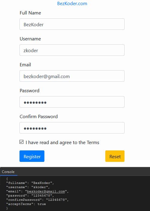 The image contains a registration form with fields for full name, username, email, password, confirm password, and a checkbox for accepting the terms of service.