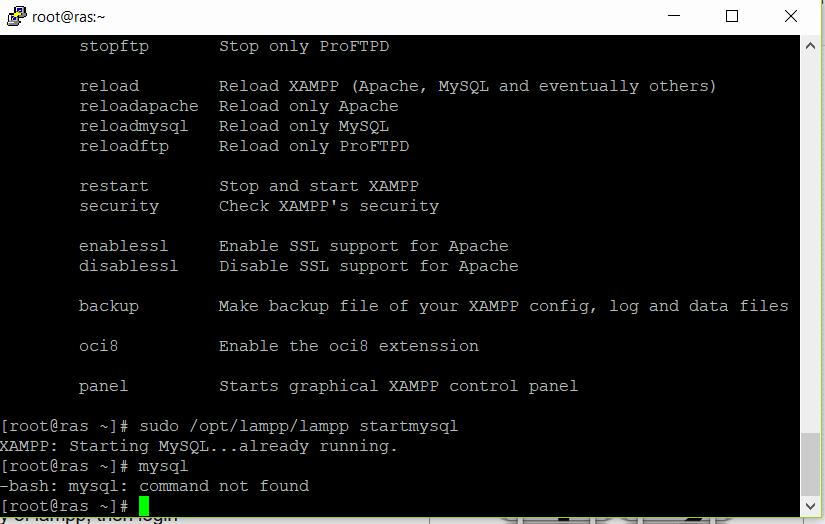 The image shows a terminal window with a list of commands to control XAMPP.