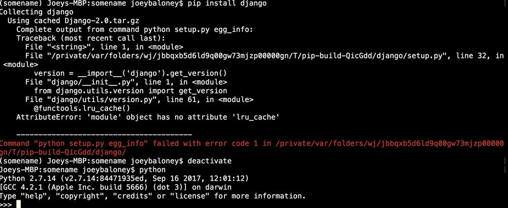 The image shows the terminal window with the error message when installing Django with pip.