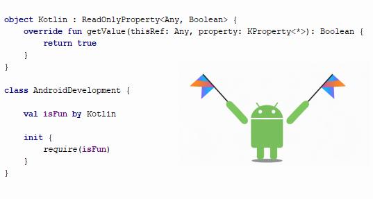 The image shows an Android mascot holding two flags with Kotlin and Android logos, and some Kotlin code with a comment saying val isFun by Kotlin.