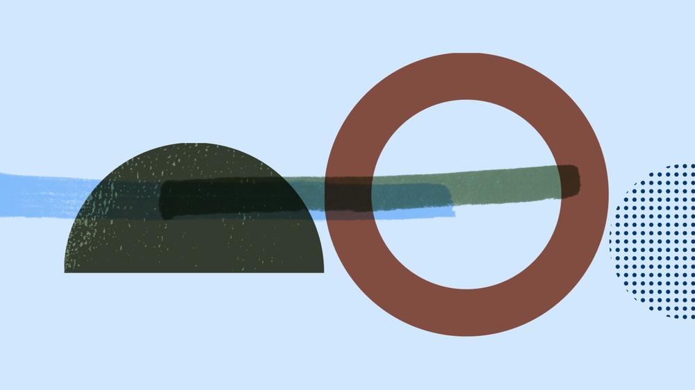 Blue background with a brown circle and a black half-circle overlapping a blue stripe.