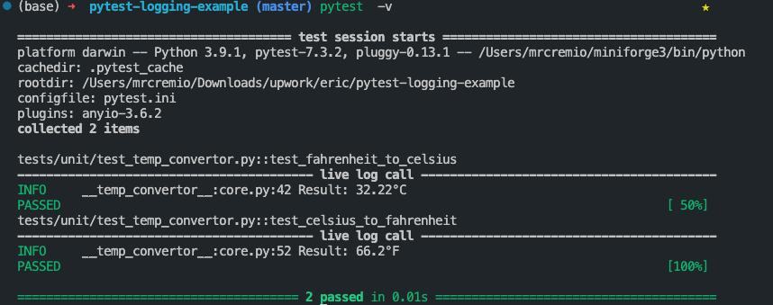 A screenshot of a terminal window showing the output of a pytest run.