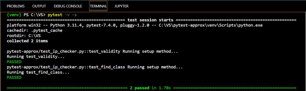 A terminal window with green text on a black background running unit tests with pytest.