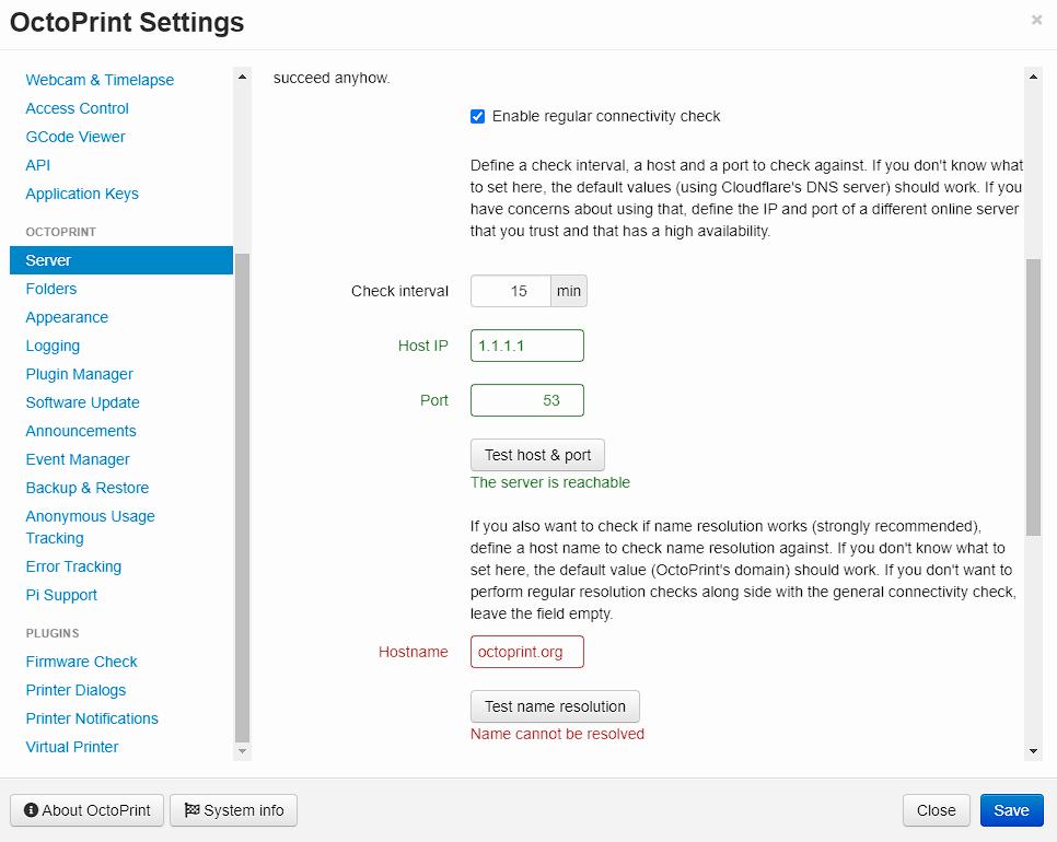 The image is a screenshot of the OctoPrint settings page, which is used to configure the OctoPrint server software for 3D printers.