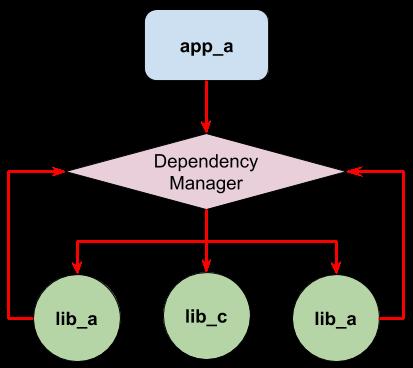 A diagram showing how an application depends on multiple libraries, and a dependency manager is used to manage the library dependencies.