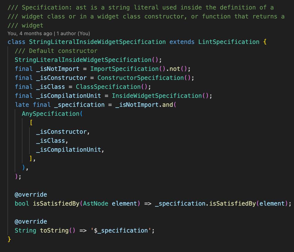 The image shows the definition of a class called StringLiteralInsideWidgetSpecification, which extends the class LintSpecification.