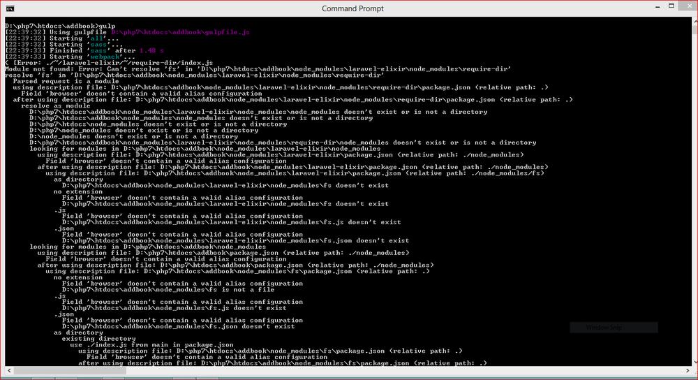 A screenshot of a command prompt window showing errors after running gulp.