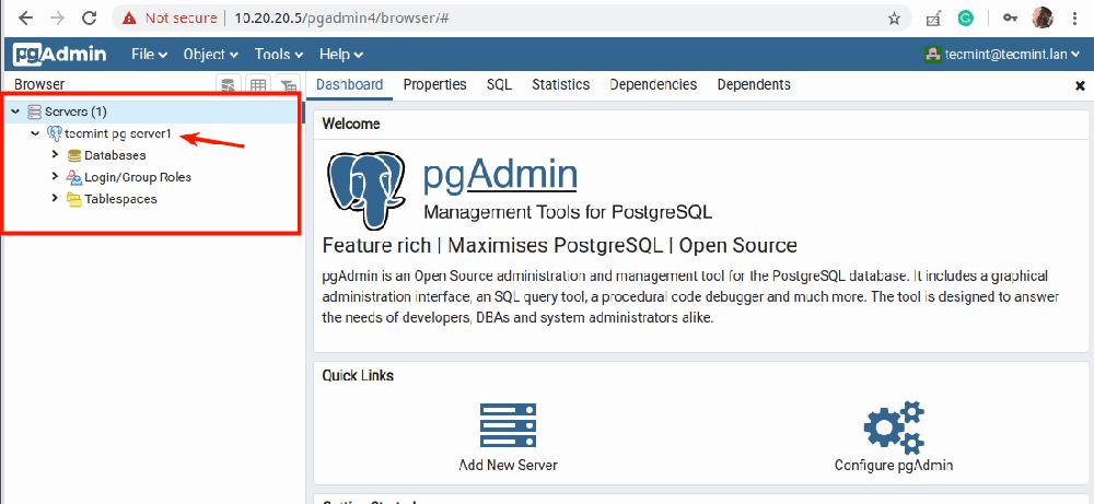 The image shows the pgAdmin 4 administration tool with a tree view of the connected PostgreSQL server on the left, and a welcome message with links to various tools on the right.