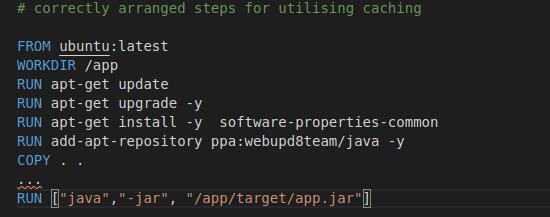The image contains a Dockerfile with commands to set up a Java application.