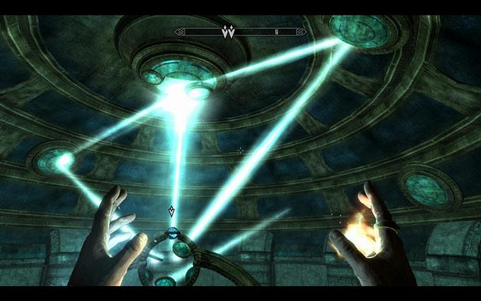 The image shows a player in the video game Skyrim using the Elder Scroll to activate a Dwemer Orrery.