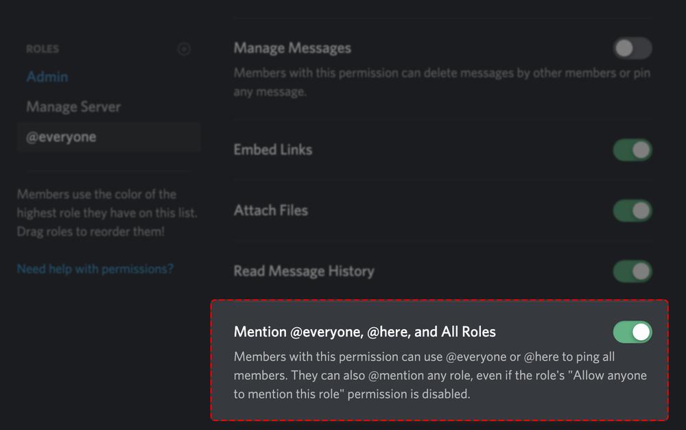 A screenshot of the Manage Roles section of a Discord server, with the option to mention everyone, here, and all roles enabled.