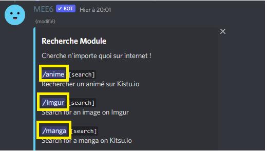 A screenshot of a Discord bots message, showing a list of commands for searching for different types of media.