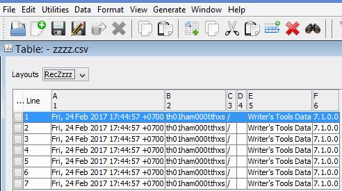 The screenshot shows a Writers Tools Data 7.1.0.0 window with a table containing dates and times in column A, and the text Writers Tools Data 7.1.0.0 in column F.