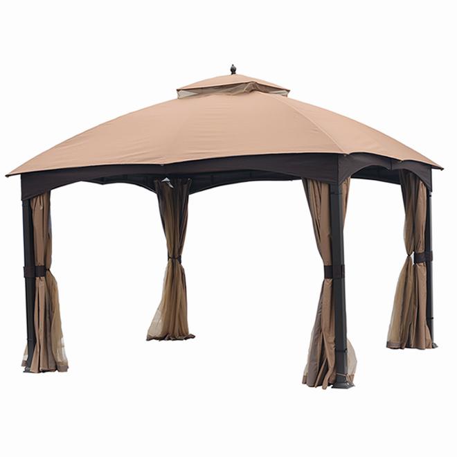 A large, octagonal gazebo with a tan top and brown metal frame, surrounded by sheer curtains.