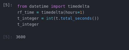 Python code that imports the timedelta function from the datetime module, creates a timedelta object representing 1 hour, converts a timedelta object to an integer number of seconds, and prints the integer.
