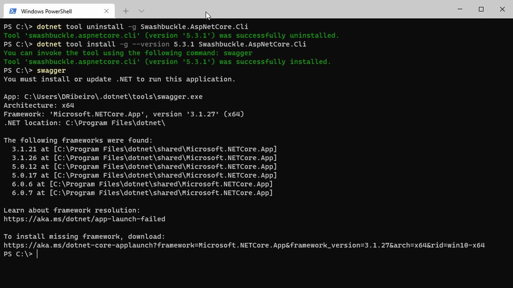 The image is a screenshot of a Windows PowerShell window. The window is showing the output of the dotnet tool uninstall -g Swashbuckle.AspNetCore.Cli command.