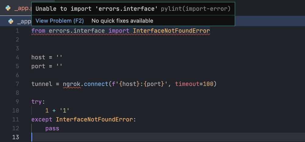 The image shows a Python script with an error message saying its unable to import errors.interface.