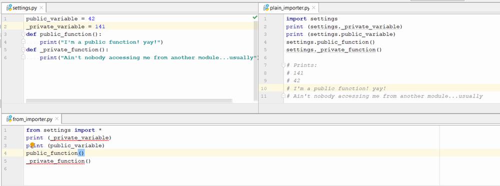 The screenshot shows a Python script demonstrating how to import a module and access its variables and functions.