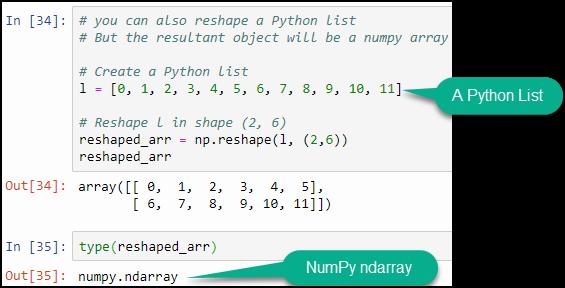 The image shows how to reshape a Python list to a NumPy array.