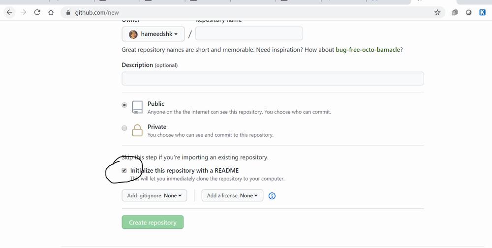 The image shows a GitHub page with a checked checkbox saying Initialize this repository with a README.