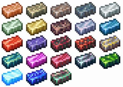 A grid of 16 different Minecraft ingots.