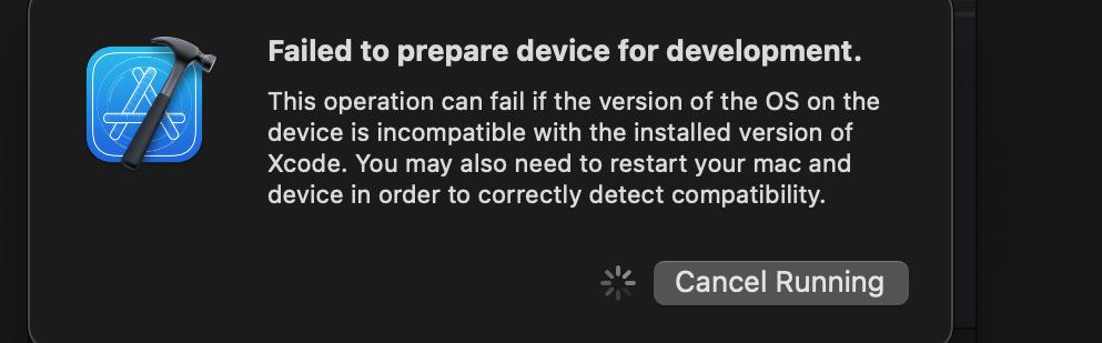 A dialog box with a red icon and the text Failed to prepare device for development.