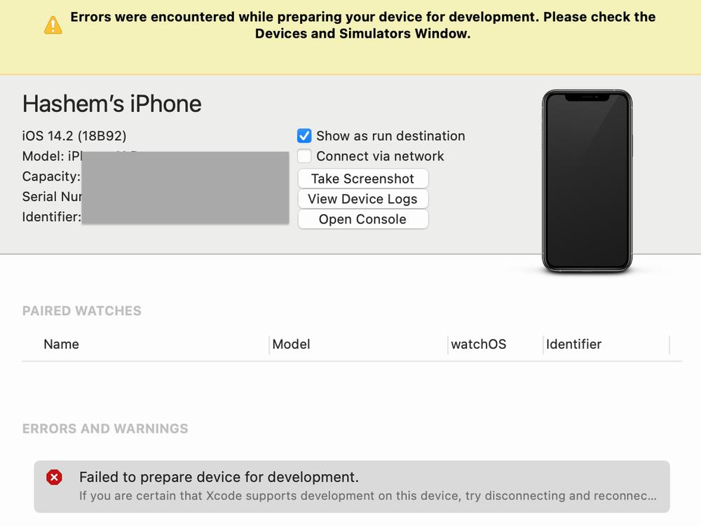 A screenshot of an error message in Xcode saying that there were errors encountered while preparing the device for development.