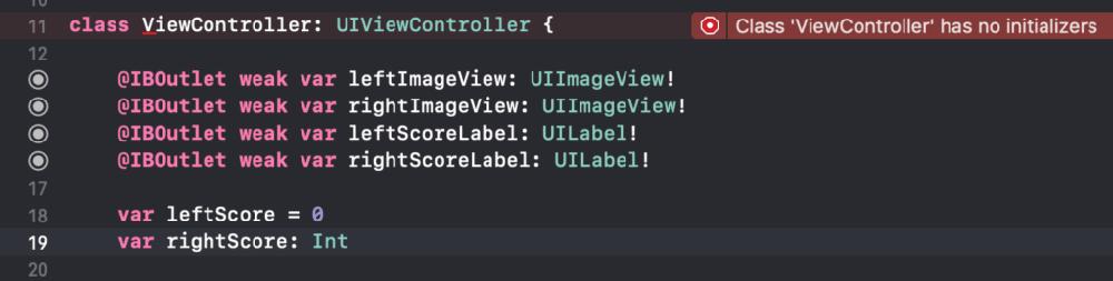 The image shows an error message in Xcode, stating that the class ViewController has no initializers.