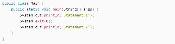A Java program that prints Statement 1 to the console, then exits, then tries to print Statement 2.