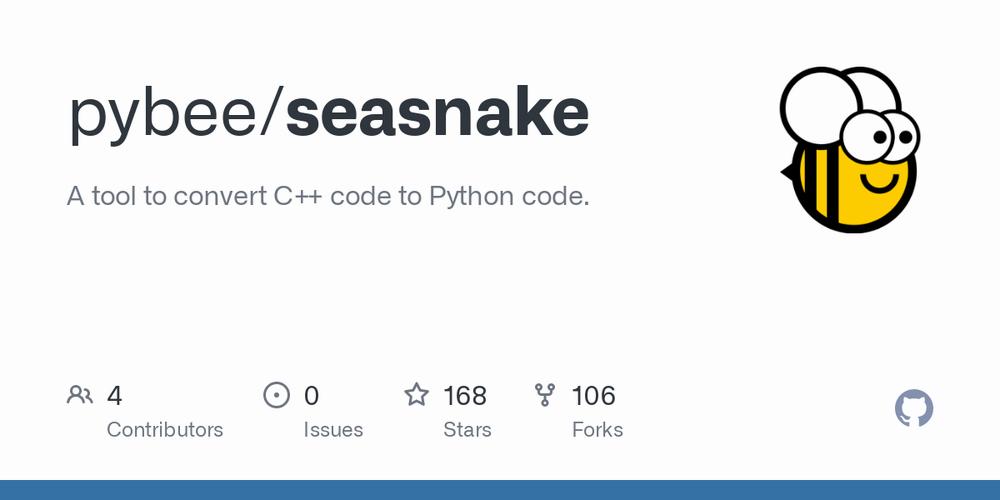 The image shows the GitHub repository of a tool named seasnake, which can convert C++ code to Python code.