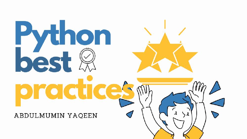 A blue-haired person is holding a tray with two gold stars on it, and has Python best practices text next to them.
