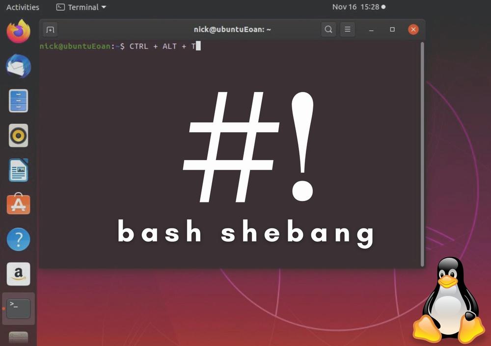 A terminal window with the text #! and the words bash shebang below it.
