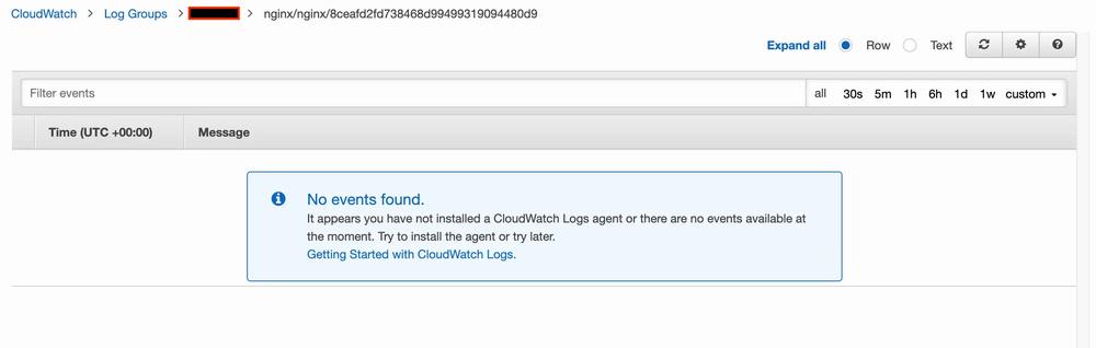 A message saying No events found is displayed in the CloudWatch Logs console.