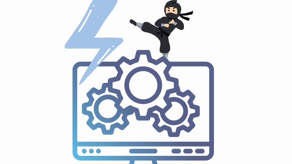 A cartoon ninja jumps off a computer screen while kicking a lightning bolt.