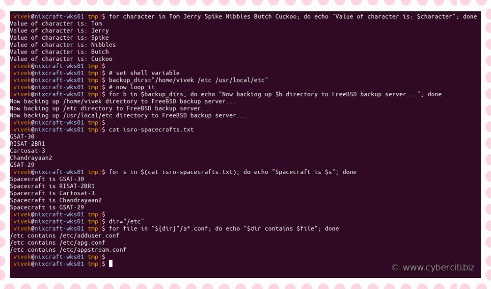The image shows a terminal window with a user navigating directories and files, and printing the contents of a file.