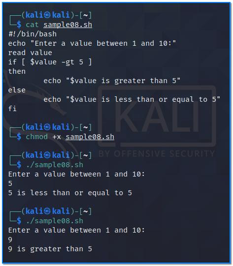 A screenshot of a terminal window with a script that prompts the user to enter a value between 1 and 10 and then prints out whether the value is greater than 5 or less than or equal to 5.