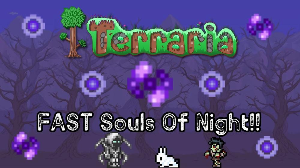 A screenshot from the video game Terraria showing a player fighting a boss in a forest at night.