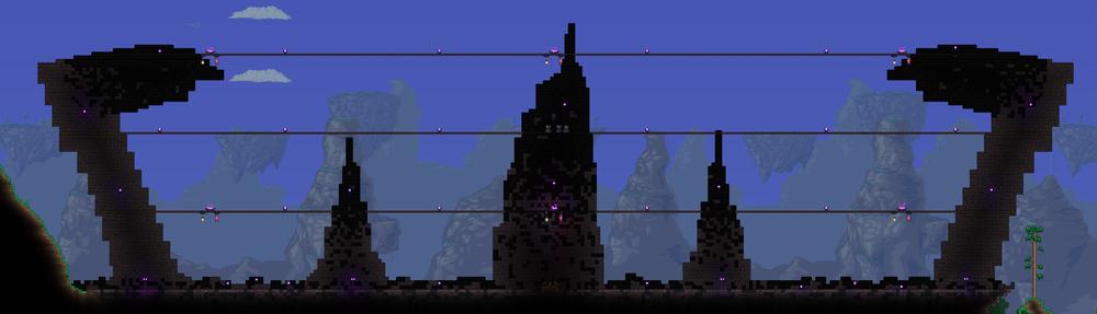 A screenshot of a Terraria world with a large, dark castle in the center, surrounded by floating islands and a purple sky.
