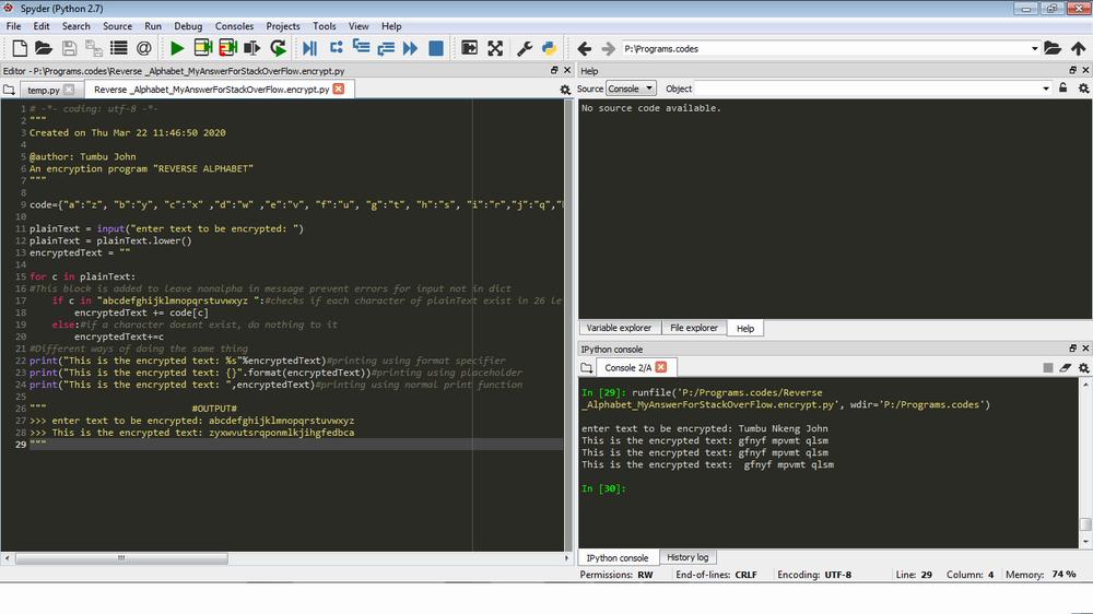 A screenshot of a Python program that encrypts text using the reverse alphabet.