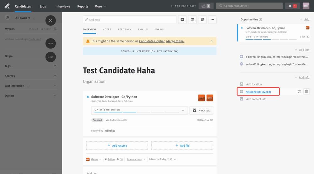 The image shows a candidate profile page in a recruiting management system.