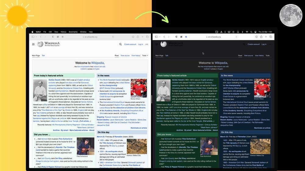 A screenshot of two Wikipedia pages side by side, with the light mode on the left and dark mode on the right.