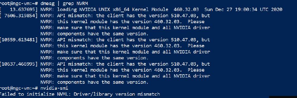 The image shows an error message when running the nvidia-smi command, saying that the driver and library versions are mismatched.