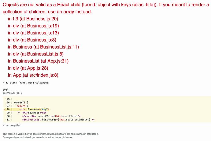 The image shows a React error message saying that an object is not valid as a child.