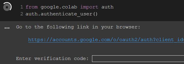 The image is a code snippet that imports the `auth` library from `google.colab` and then calls the `authenticate_user()` function.