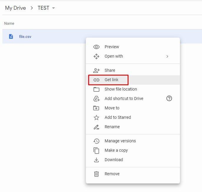 The image shows a context menu in Google Drive with the option Get link highlighted.