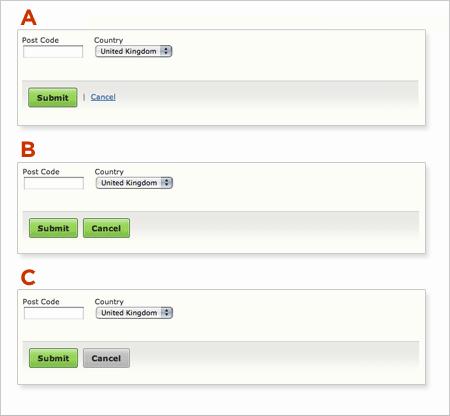Screenshot of three forms with the labels Post Code, Country, Submit, and Cancel.